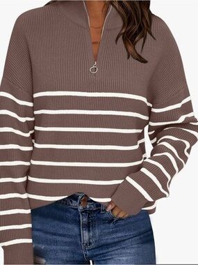 Striped Half-Zip Cowl Pullover Sweater - Brown & White